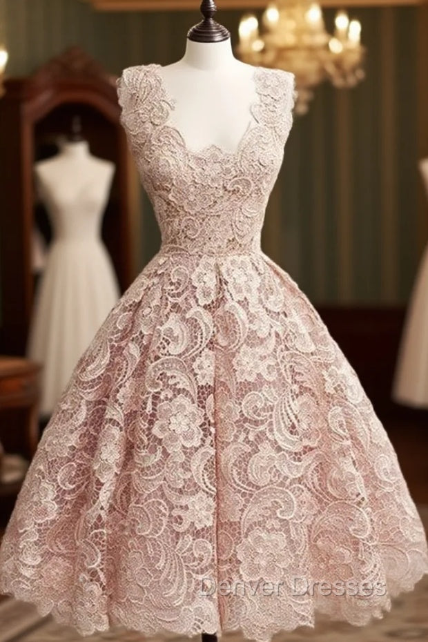 Cute Light Pink Lace Short Prom Dress, Lace Bridesmaid Dress Main image