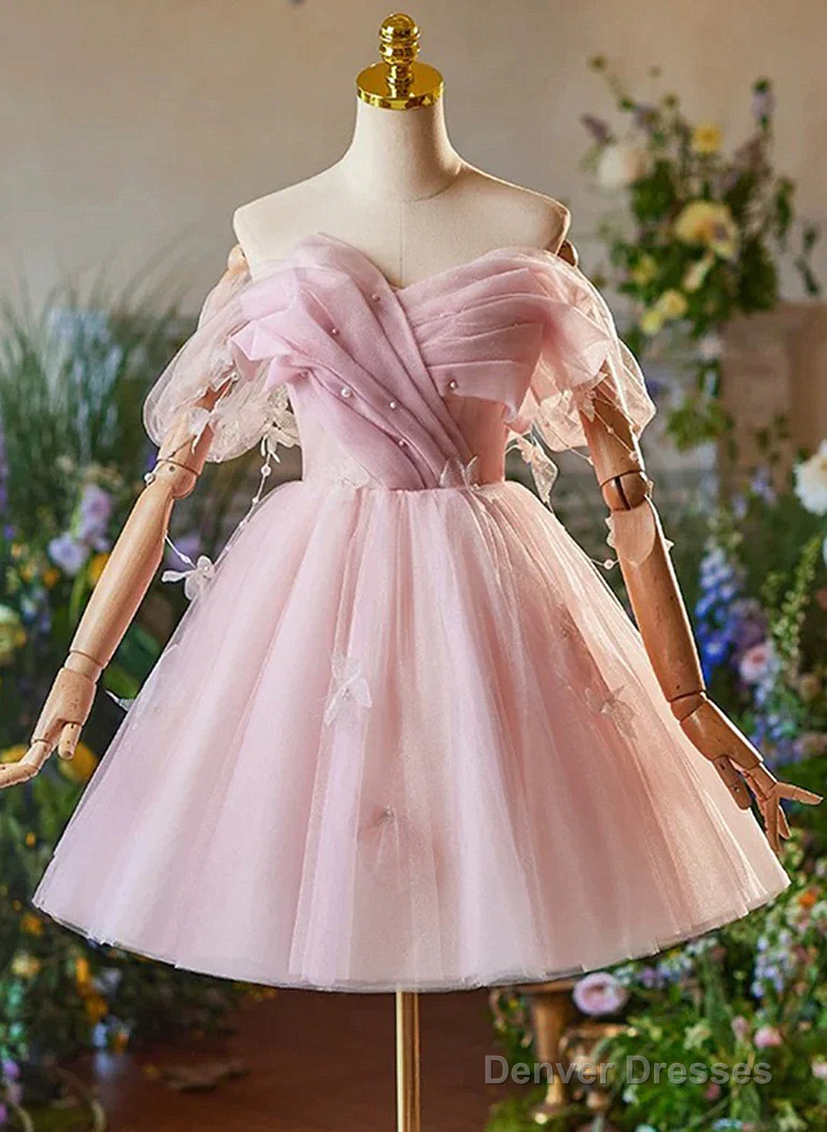 Cute Light Pink Off Shoulder Tulle Homecoming Dress, Pink Short Prom Dress Main image