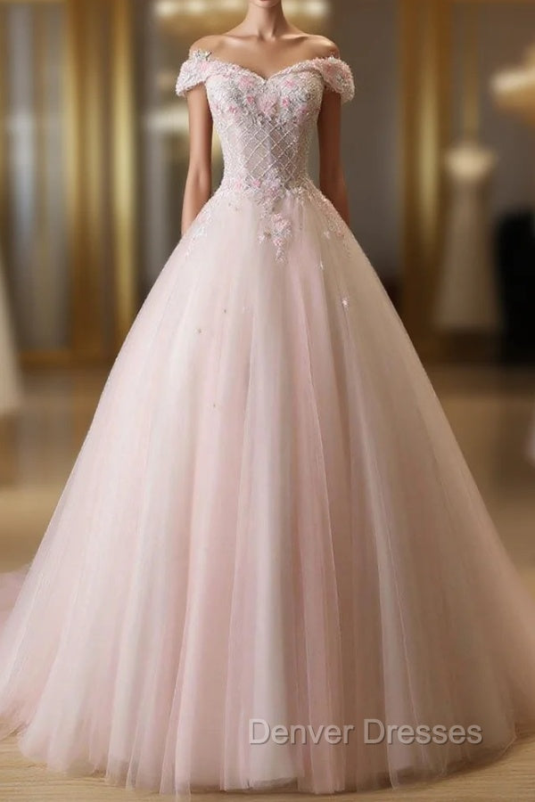 Cute Light Pink Tulle Flowers Off Shoulder Party Dress, Sweet 16 Gown Secondary image
