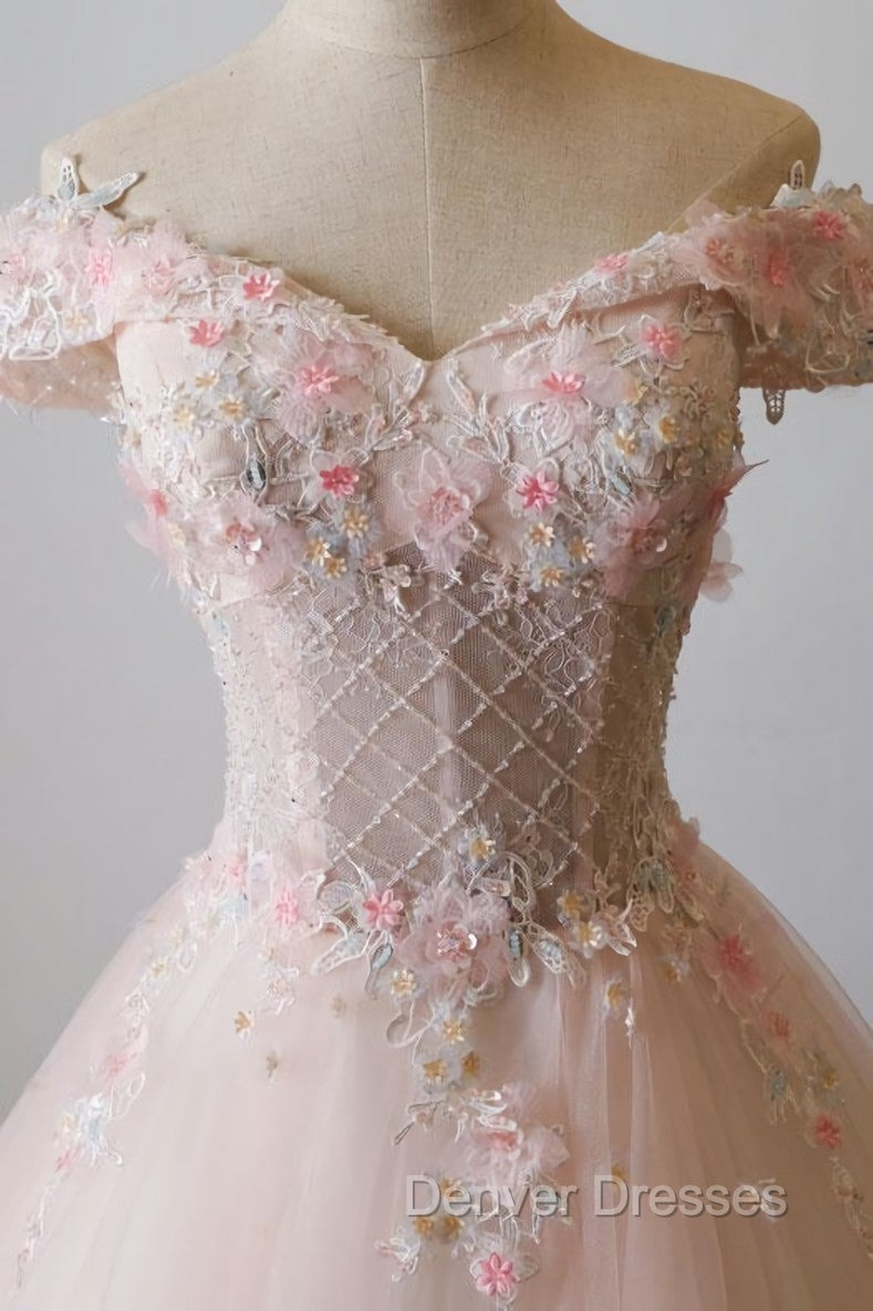 Cute Light Pink Tulle Flowers Off Shoulder Party Dress, Sweet 16 Gown