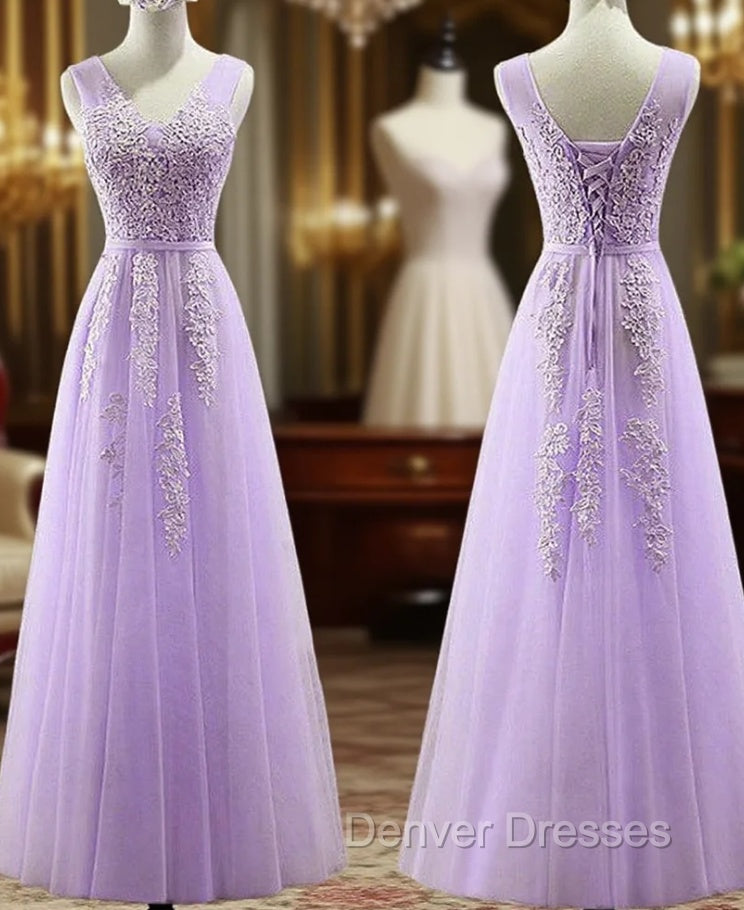 Cute Light Purple Tulle with Lace V-neckline Prom Dress, Long Evening Gown Formal Dress Secondary image