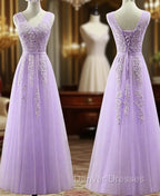 Cute Light Purple Tulle with Lace V-neckline Prom Dress, Long Evening Gown Formal Dress