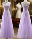 Cute Light Purple Tulle with Lace V-neckline Prom Dress, Long Evening Gown Formal Dress