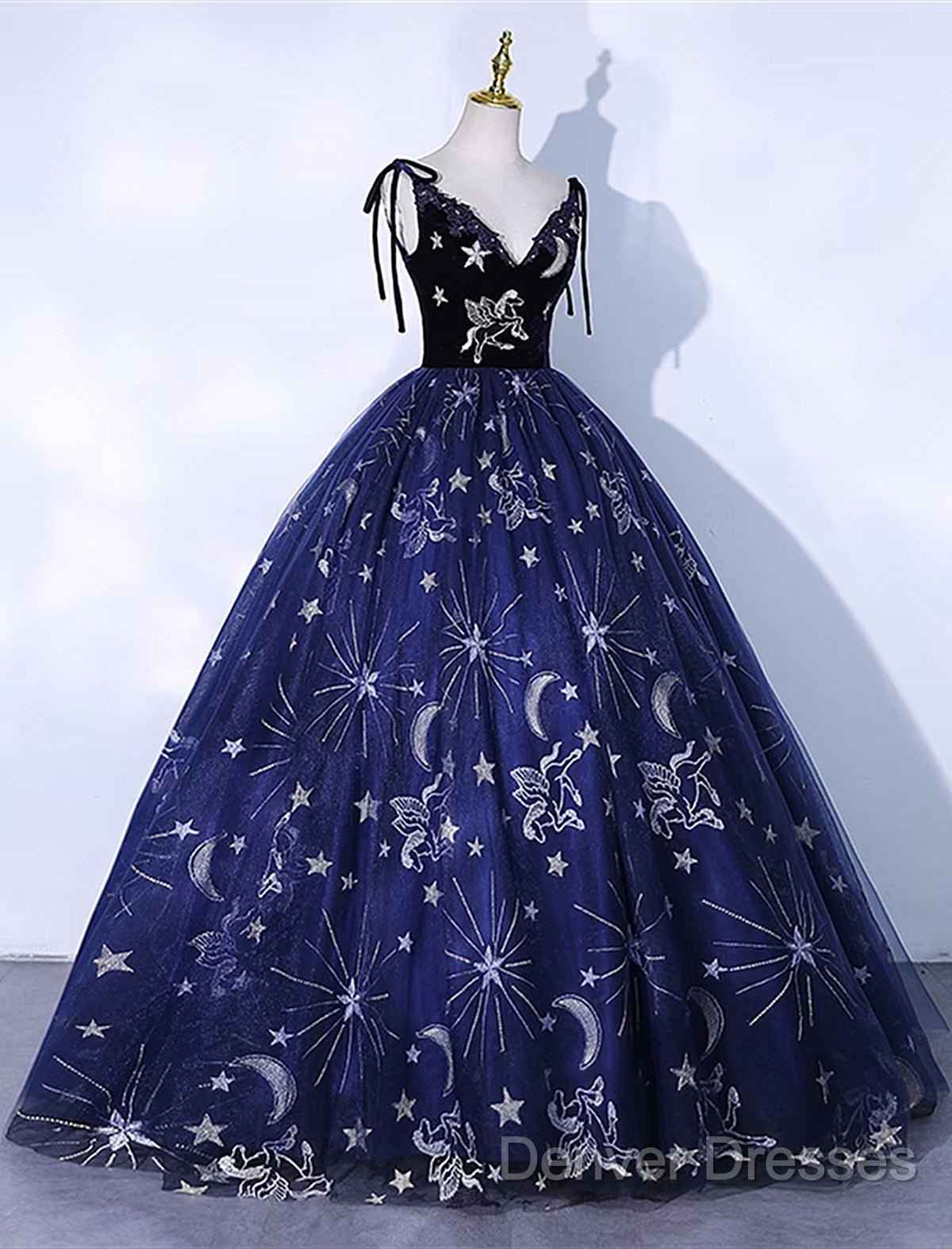 Cute Navy Blue Ball Gown V-Neckline Party Dress, Navy Blue Sweet 16 Dress