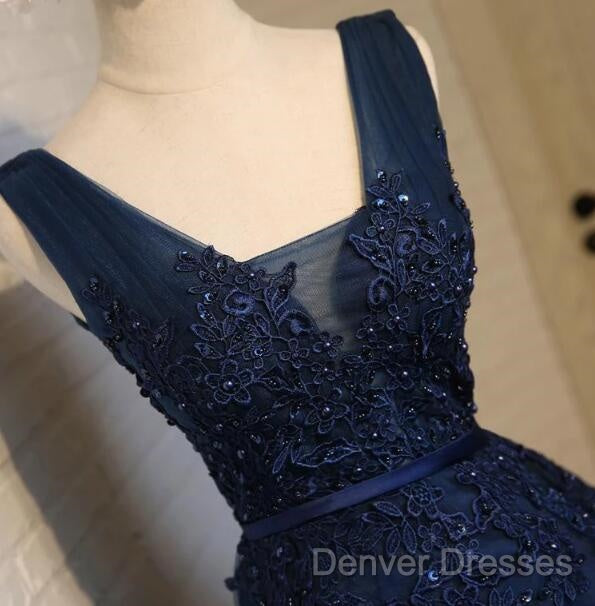 Cute Navy Blue Knee Length Lace Applique Party Dress, Homecoming Dress