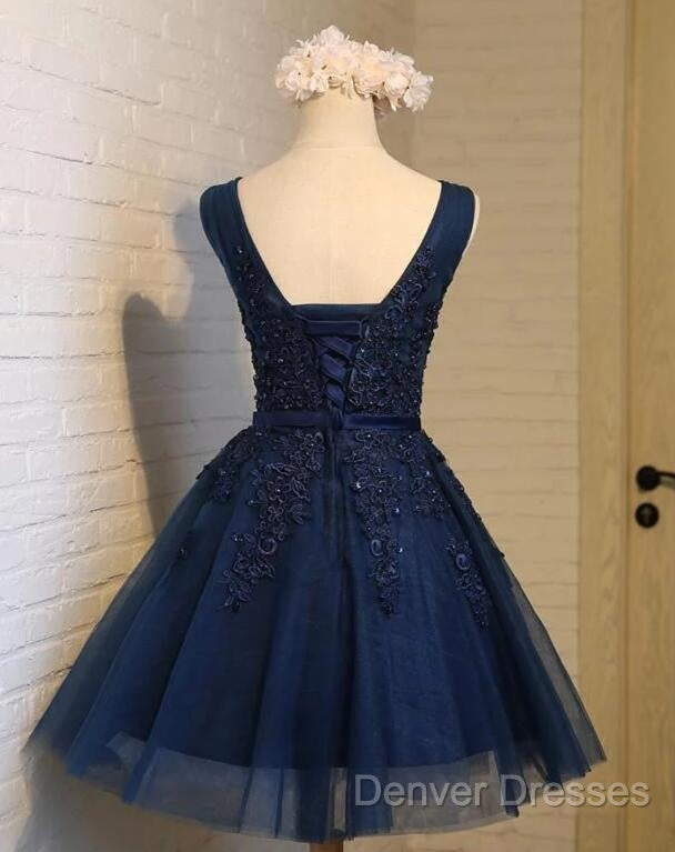 Cute Navy Blue Knee Length Lace Applique Party Dress, Homecoming Dress