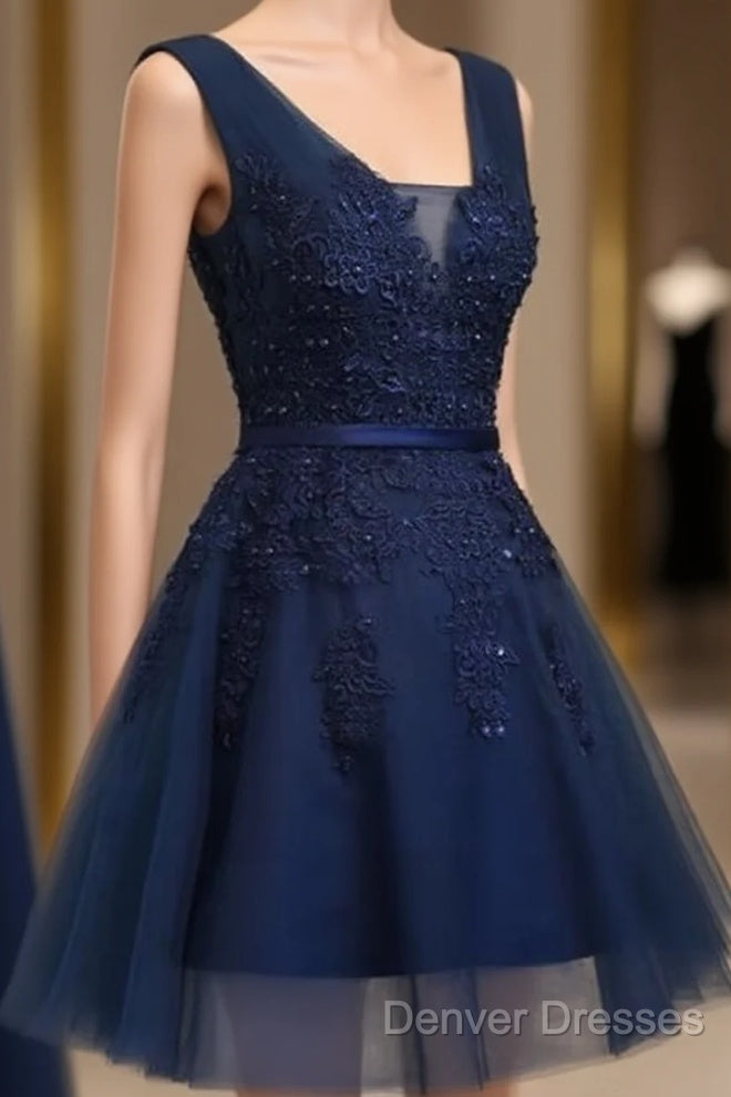Cute Navy Blue Knee Length Lace Applique Party Dress, Homecoming Dress Main image