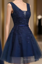 Cute Navy Blue Knee Length Lace Applique Party Dress, Homecoming Dress