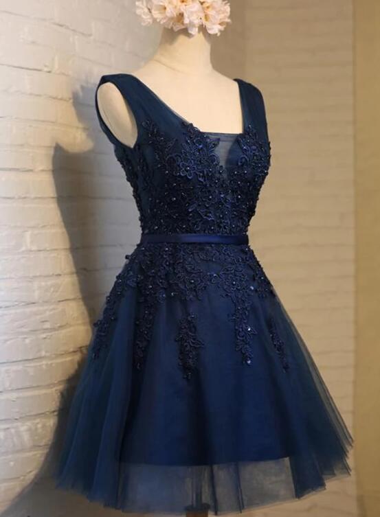 Cute Navy Blue Knee Length Lace Applique Party Dress, Homecoming Dress Main image
