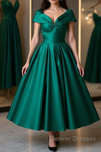 Cute Off Shoulder Green Satin Short Prom Dress, Off the Shoulder Green Homecoming Dress, Green Formal Evening Dress