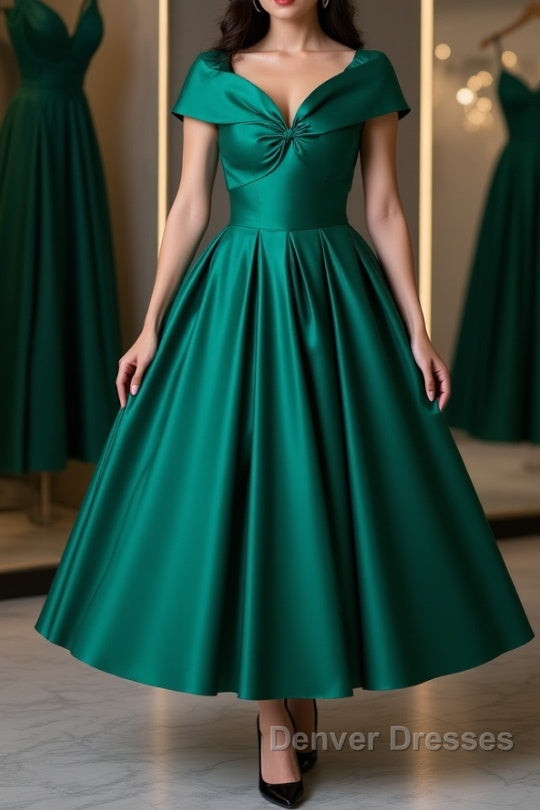 Cute Off Shoulder Green Satin Short Prom Dress, Off the Shoulder Green Homecoming Dress, Green Formal Evening Dress