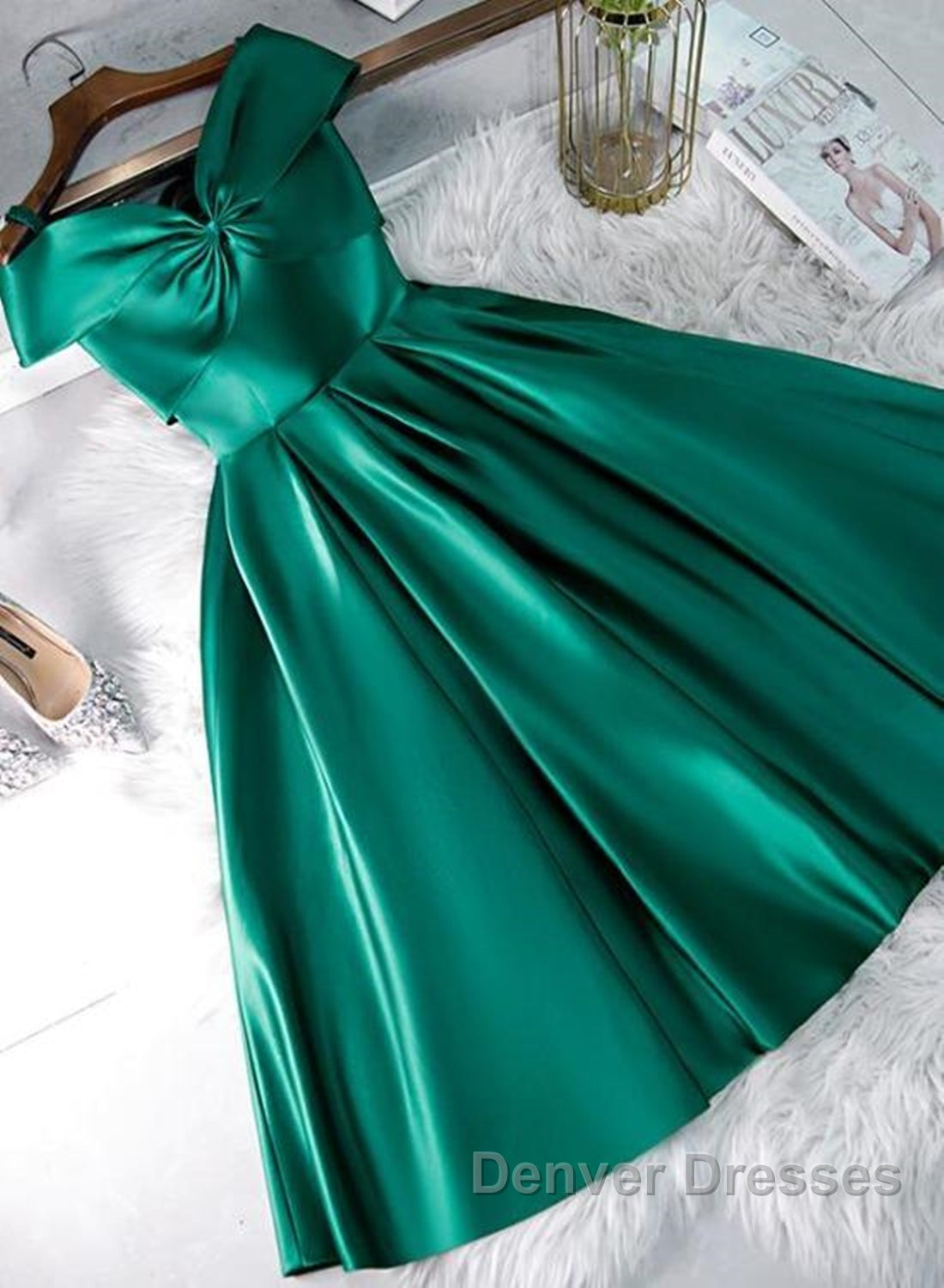 Cute Off Shoulder Green Satin Short Prom Dress, Off the Shoulder Green Homecoming Dress, Green Formal Evening Dress