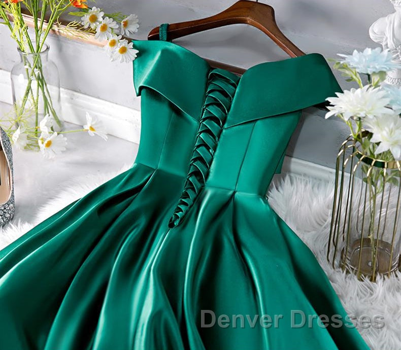 Cute Off Shoulder Green Satin Short Prom Dress, Off the Shoulder Green Homecoming Dress, Green Formal Evening Dress