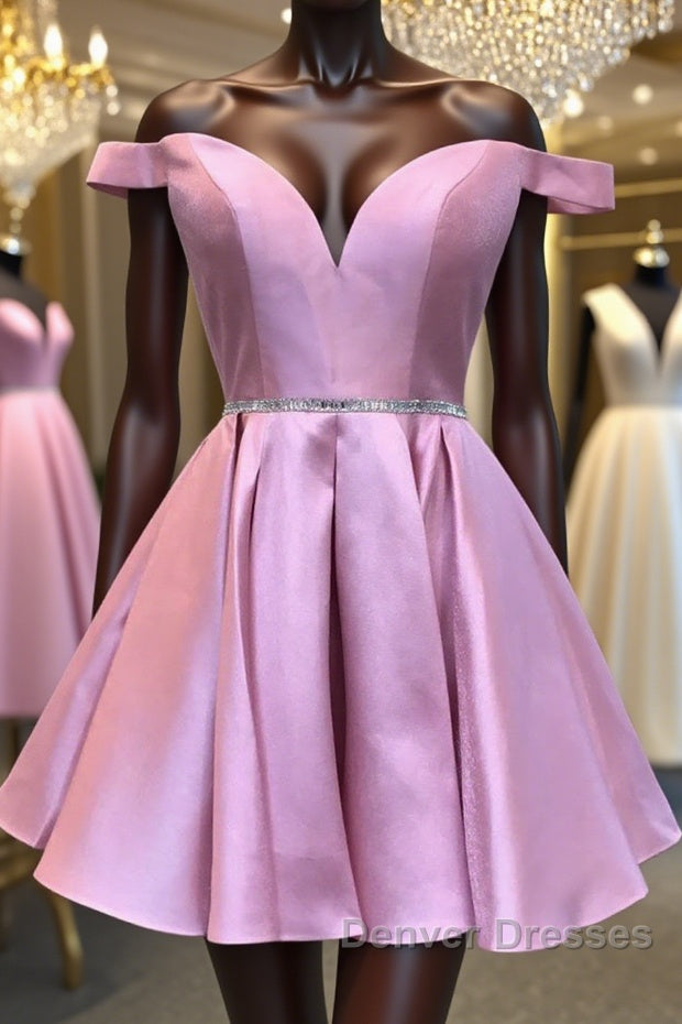 Cute Off Shoulder Pink Satin Short Prom Dress, Off the Shoulder Pink Homecoming Dress, Pink Formal Graduation Evening Dress Main image