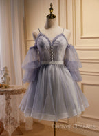 Cute Off Shoulder Tulle And Lace Straps Homecoming Dress, Short Prom Dress