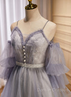 Cute Off Shoulder Tulle And Lace Straps Homecoming Dress, Short Prom Dress