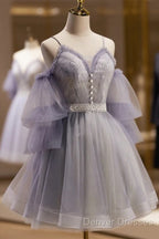 Cute Off Shoulder Tulle And Lace Straps Homecoming Dress, Short Prom Dress