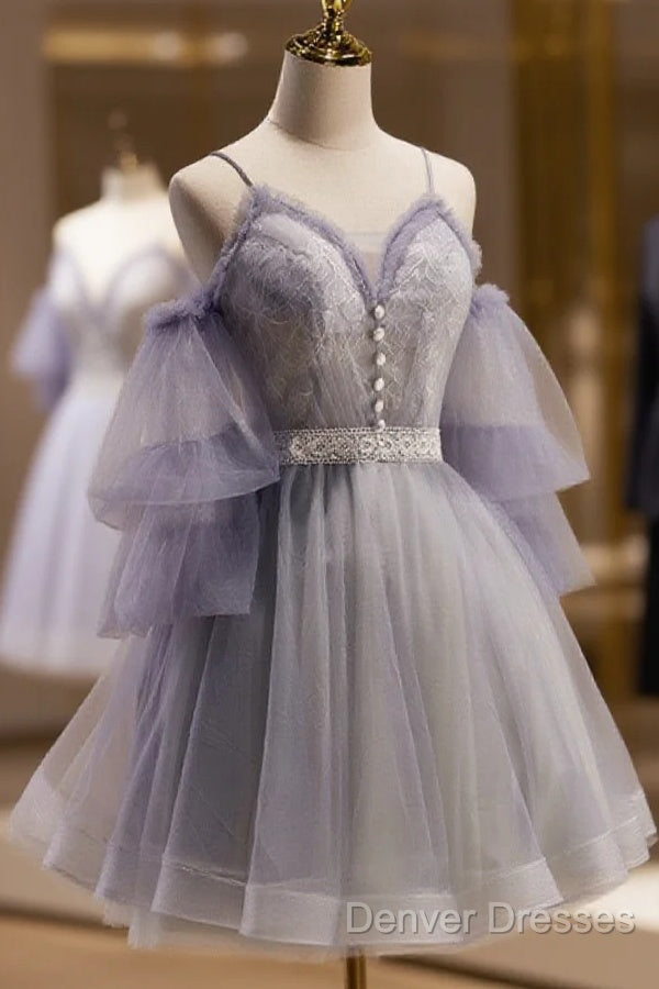 Cute Off Shoulder Tulle And Lace Straps Homecoming Dress, Short Prom Dress