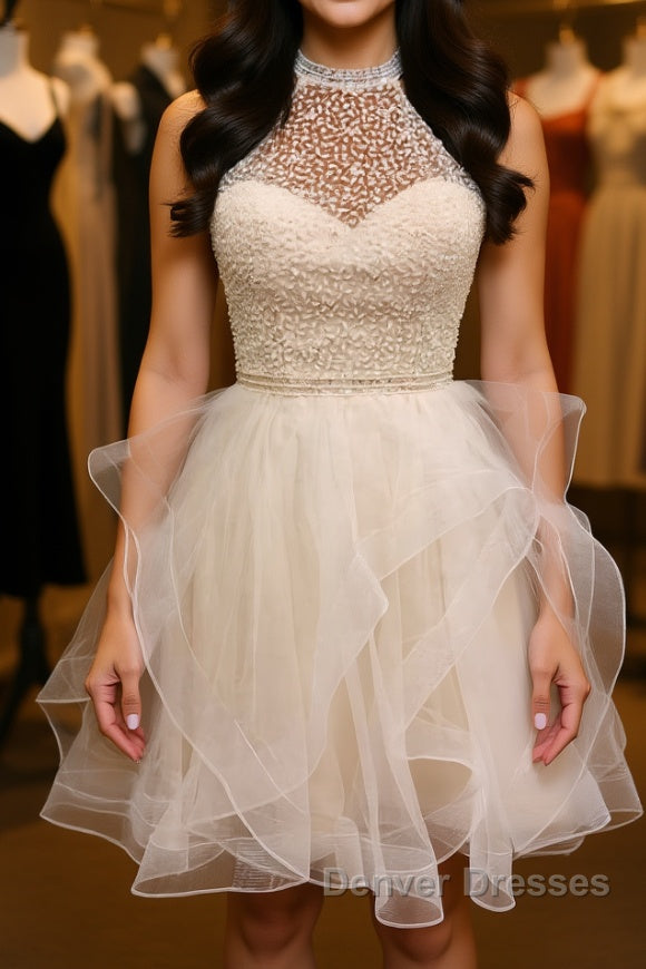 Cute Open Back Champagne Beaded Short Prom Dress, Fluffy Champagne Beaded Homecoming Dress Main image