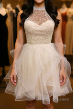 Cute Open Back Champagne Beaded Short Prom Dress, Fluffy Champagne Beaded Homecoming Dress