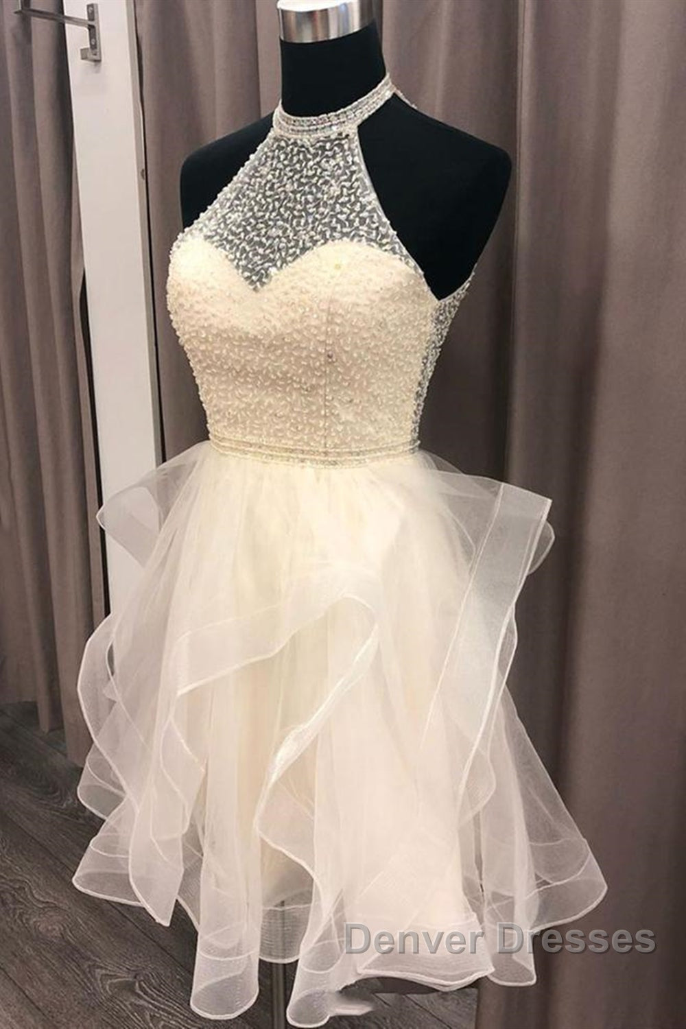 Cute Open Back Champagne Beaded Short Prom Dress, Fluffy Champagne Beaded Homecoming Dress Secondary image