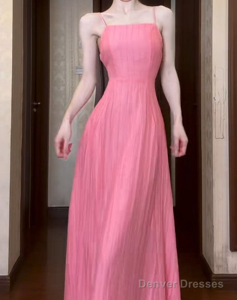 Cute Pink A-Line Chiffon Spaghetti Strap Backless Long Prom Dress Party Dress