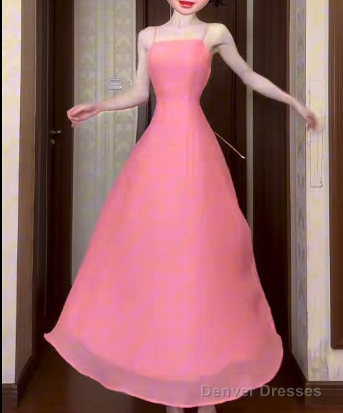 Cute Pink A-Line Chiffon Spaghetti Strap Backless Long Prom Dress Party Dress