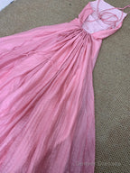 Cute Pink A-Line Chiffon Spaghetti Strap Backless Long Prom Dress Party Dress
