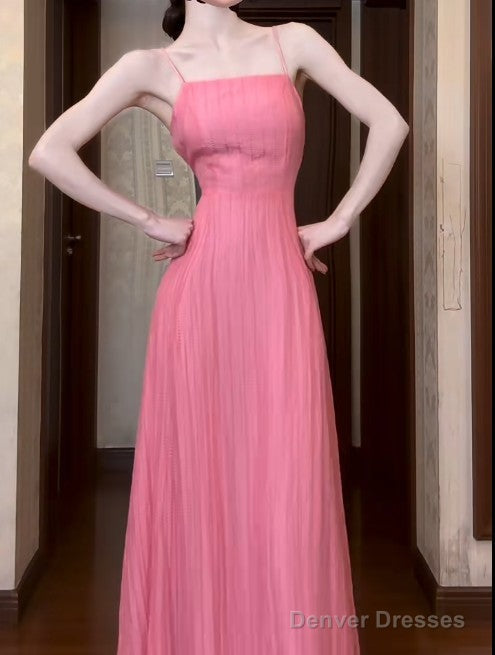 Cute Pink A-Line Chiffon Spaghetti Strap Backless Long Prom Dress Party Dress Main image