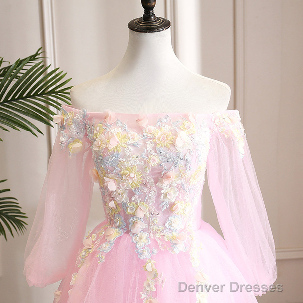 Cute Pink Ball Gown Sweet 16 Dress With Flowers, Pink Tulle Long Formal Dress Secondary image