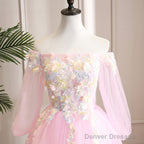 Cute Pink Ball Gown Sweet 16 Dress With Flowers, Pink Tulle Long Formal Dress