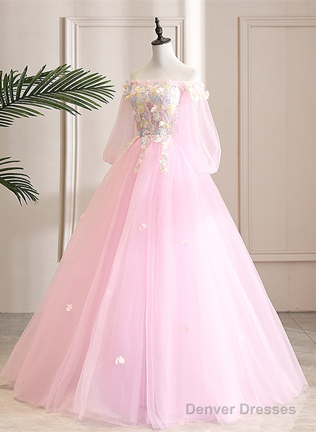 Cute Pink Ball Gown Sweet 16 Dress With Flowers, Pink Tulle Long Formal Dress