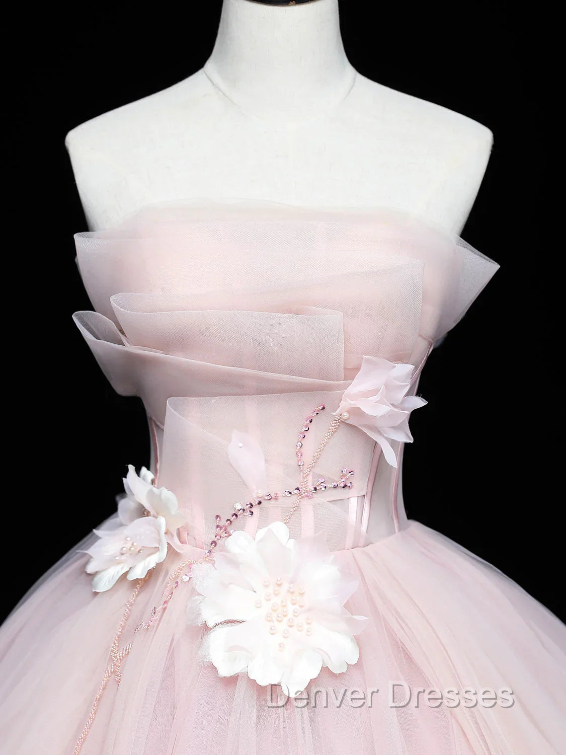 Cute Pink Ball Gown Tulle with Flowers Sweet 16 Dress, Pink Tulle Party Dress Secondary image
