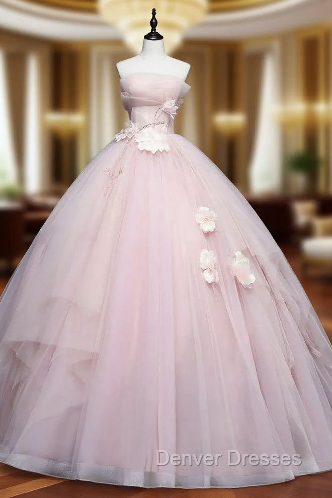 Cute Pink Ball Gown Tulle with Flowers Sweet 16 Dress, Pink Tulle Party Dress