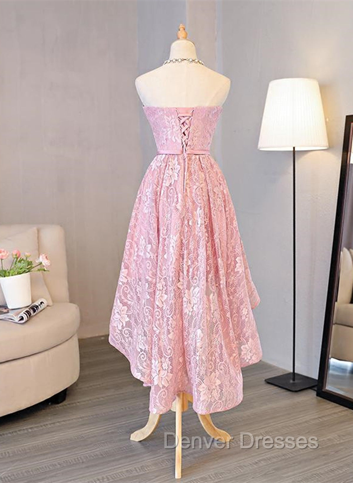 Cute Pink High Low Lace Scoop Homecoming Dress, Pink Short Prom Dress Secondary image