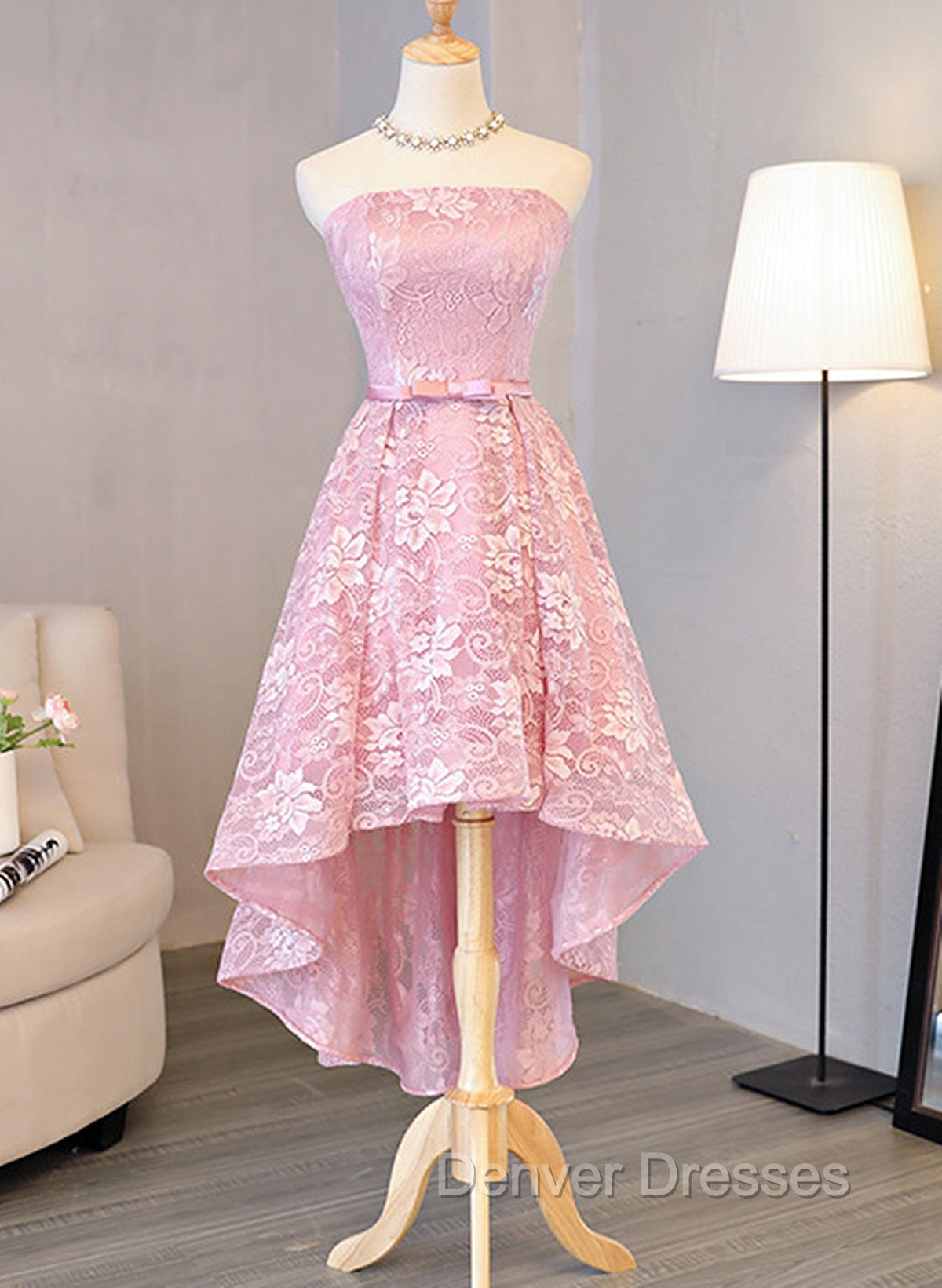 Cute Pink High Low Lace Scoop Homecoming Dress, Pink Short Prom Dress Main image