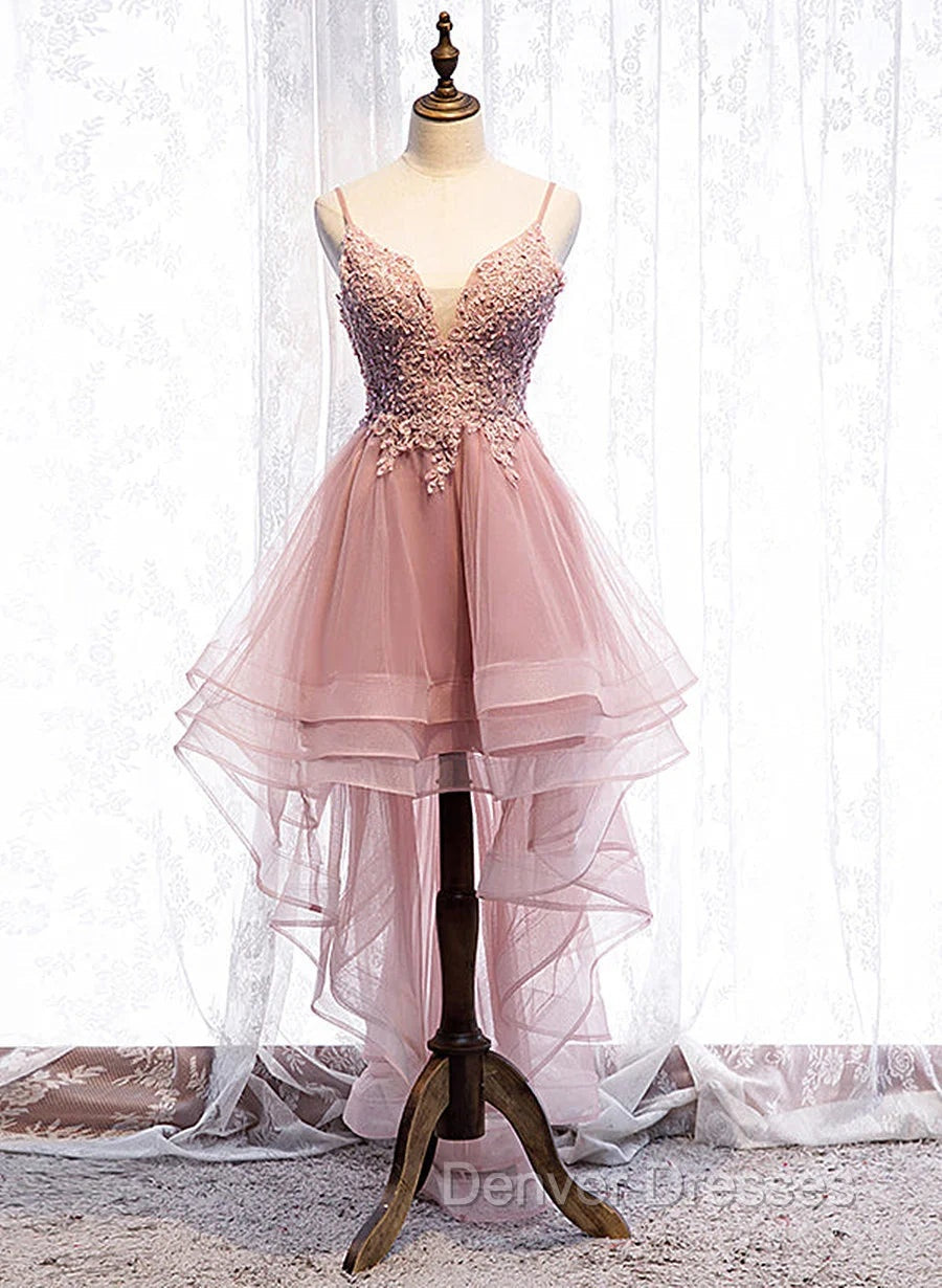 Cute Pink High Low Tulle with Lace Prom Dress High Low Homecoming Dress prom Dress shops