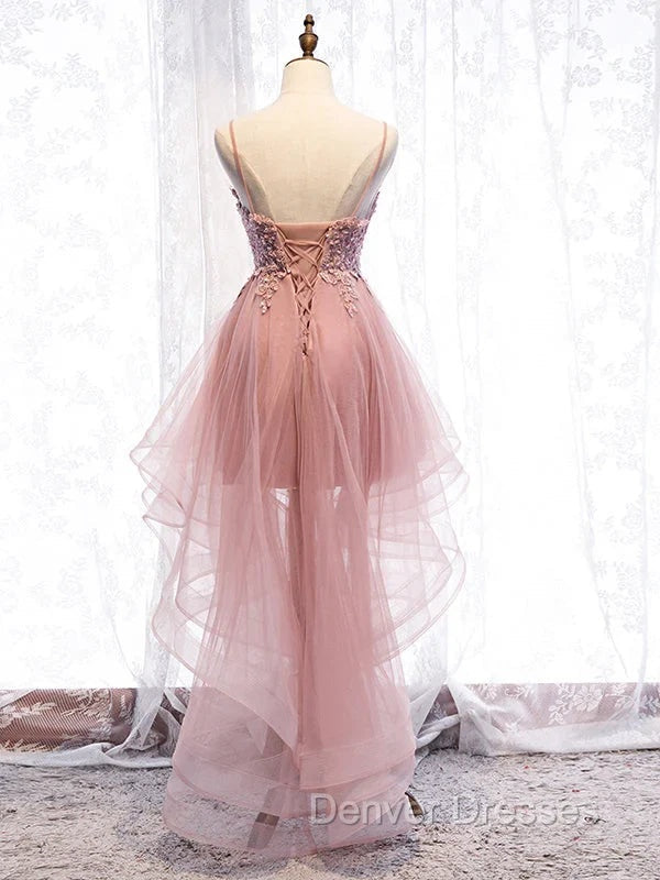 Cute Pink High Low Tulle with Lace Prom Dress High Low Homecoming Dress prom Dress shops