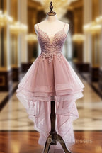 Cute Pink High Low Tulle with Lace Prom Dress High Low Homecoming Dress prom Dress shops