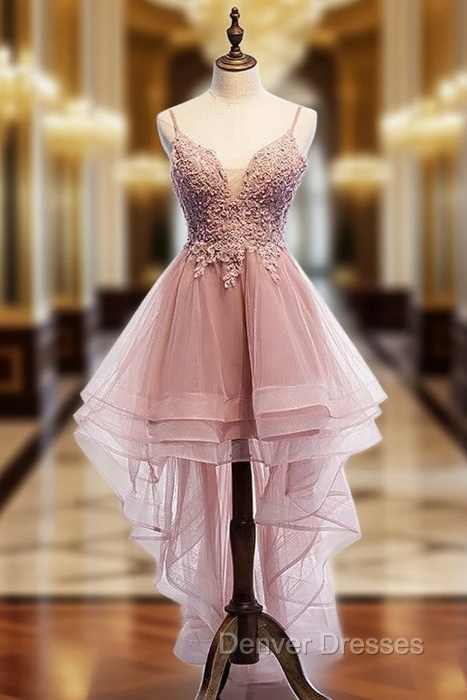 Cute Pink High Low Tulle with Lace Prom Dress High Low Homecoming Dress prom Dress shops