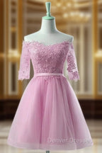 Cute Pink Knee Length Short Sleeves Party Dress, Tulle Prom Dress