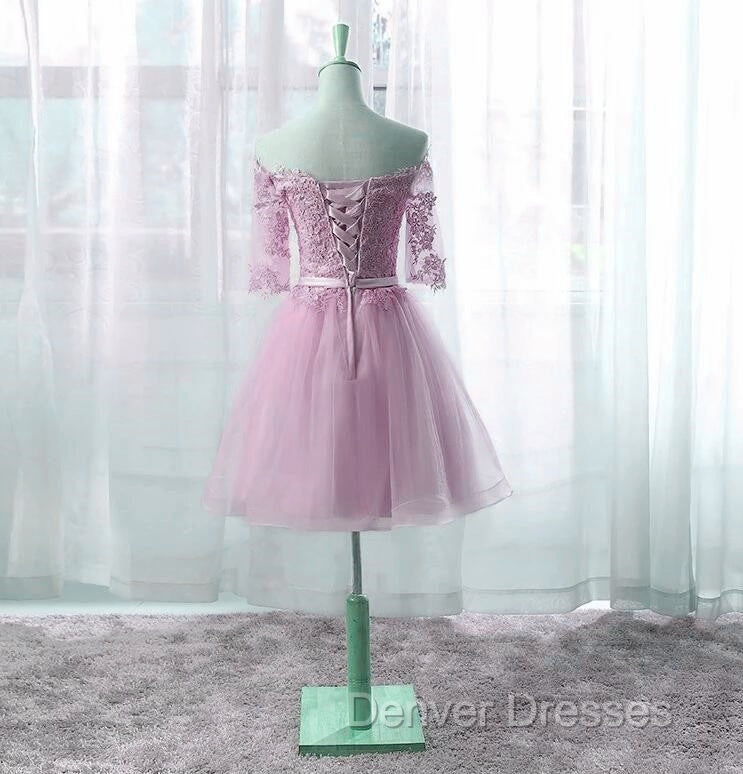 Cute Pink Knee Length Short Sleeves Party Dress, Tulle Prom Dress
