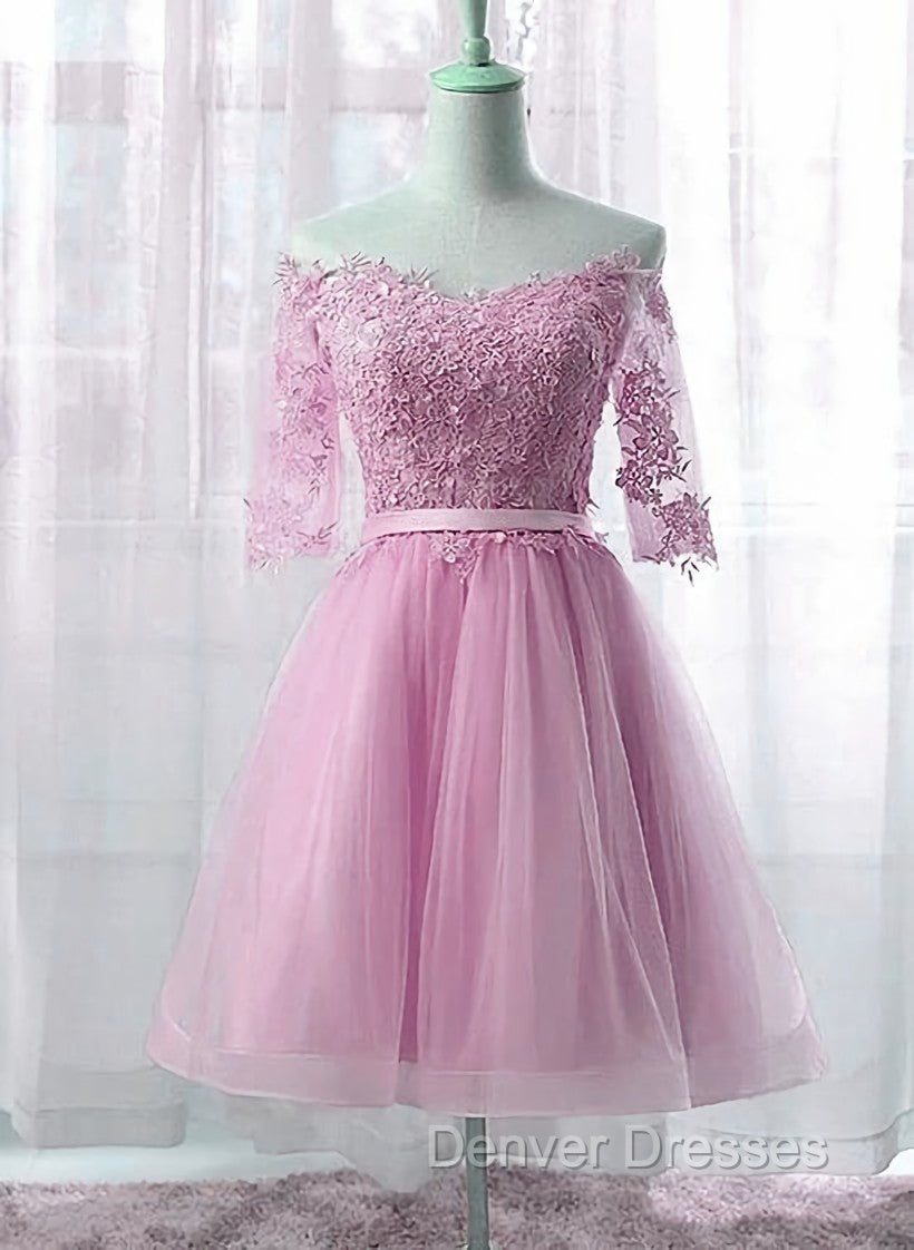 Cute Pink Knee Length Short Sleeves Party Dress, Tulle Prom Dress Secondary image