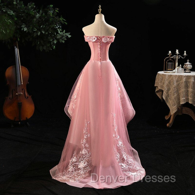 Cute Pink Off Shoulder High Low Tulle with Lace Party Dress, Pink Homecoming Dress Secondary image