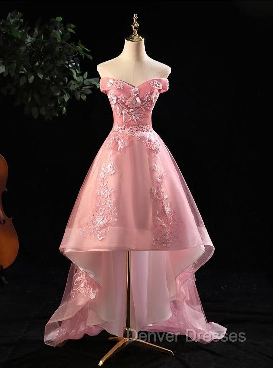 Cute Pink Off Shoulder High Low Tulle with Lace Party Dress, Pink Homecoming Dress Main image
