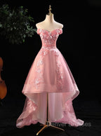 Cute Pink Off Shoulder High Low Tulle with Lace Party Dress, Pink Homecoming Dress