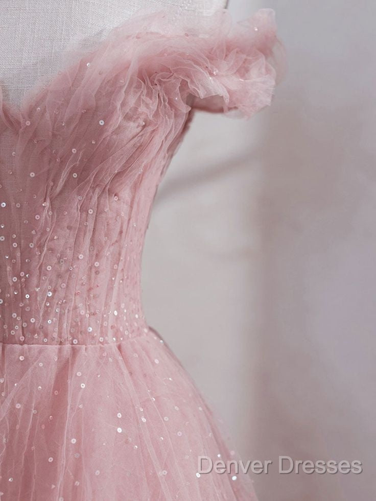 Cute Pink Princess Tulle Sequin Prom Dress Off The Shoulder Evening Dress Secondary image