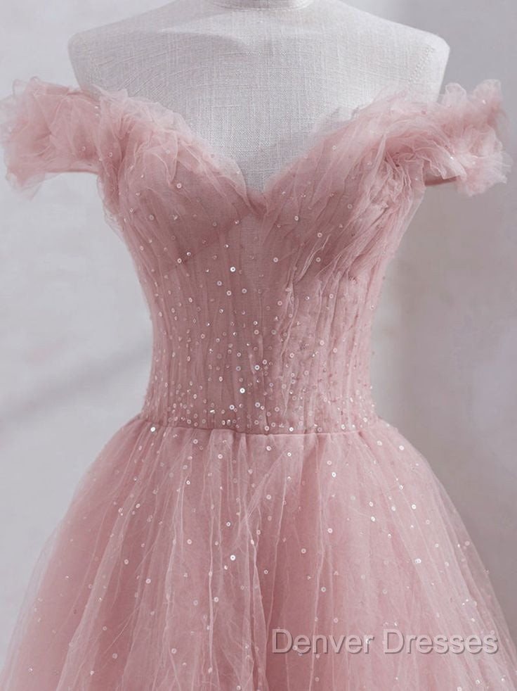 Cute Pink Princess Tulle Sequin Prom Dress Off The Shoulder Evening Dress