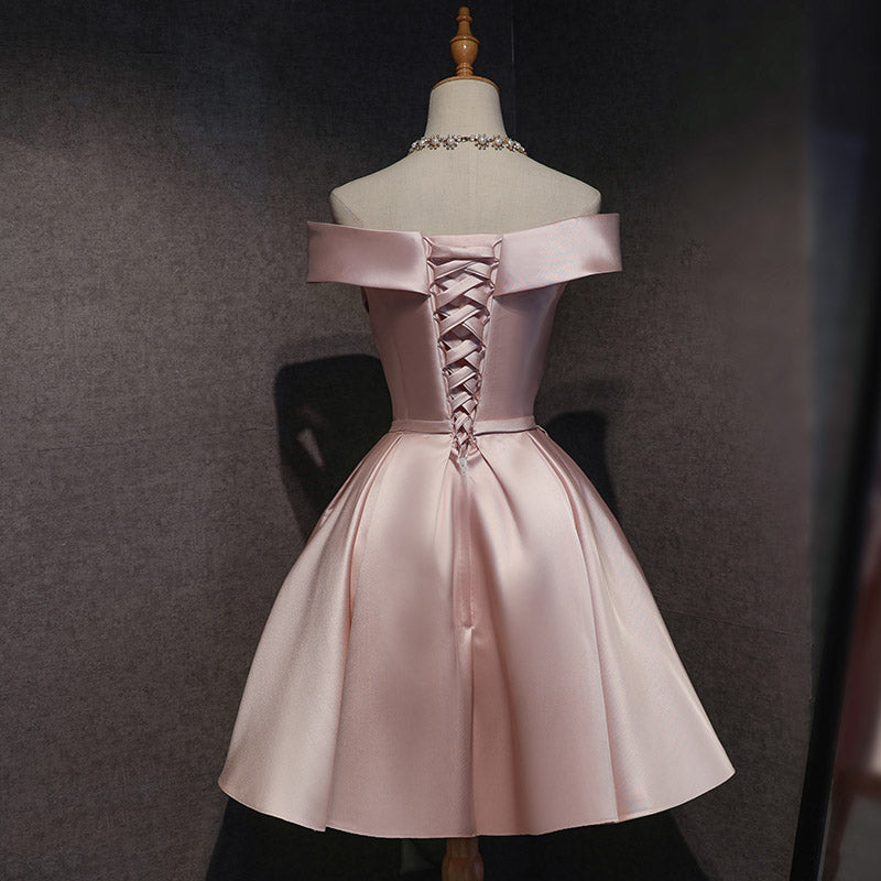 Cute Pink Satin Off Shoulder Knee Length Formal Dress, Lovely Prom Dress Secondary image