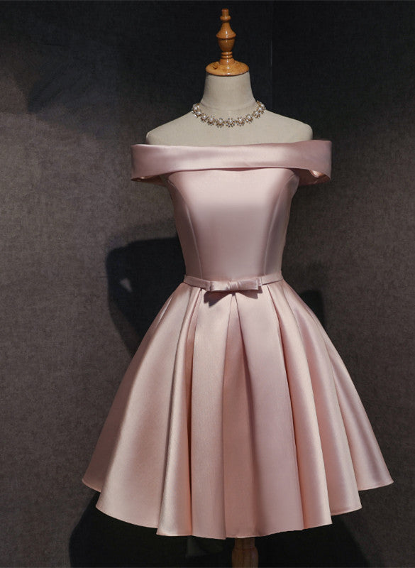 Cute Pink Satin Off Shoulder Knee Length Formal Dress, Lovely Prom Dress Main image